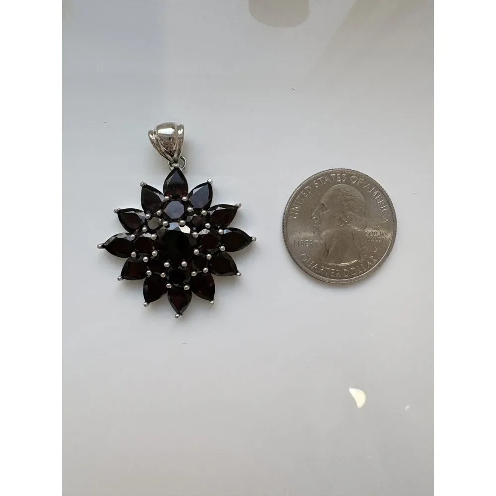 Estate Large Sterling Silver Garnet Pear & Round Cut Sunburst Pendant 14.24cttw